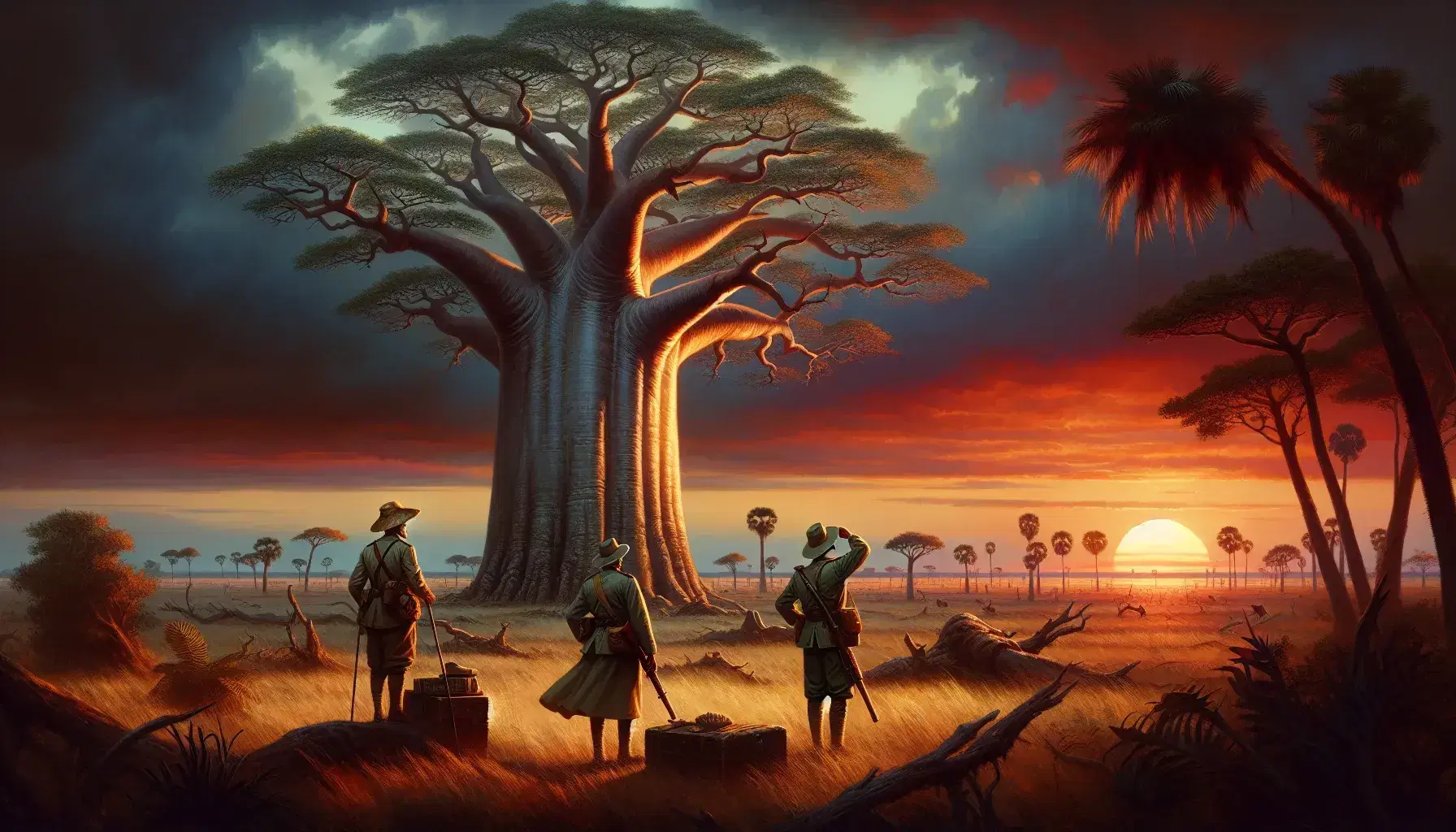 Tramonto africano con baobab e tre esploratori in abiti coloniali, strumenti di navigazione in primo piano e fauna selvatica sullo sfondo.