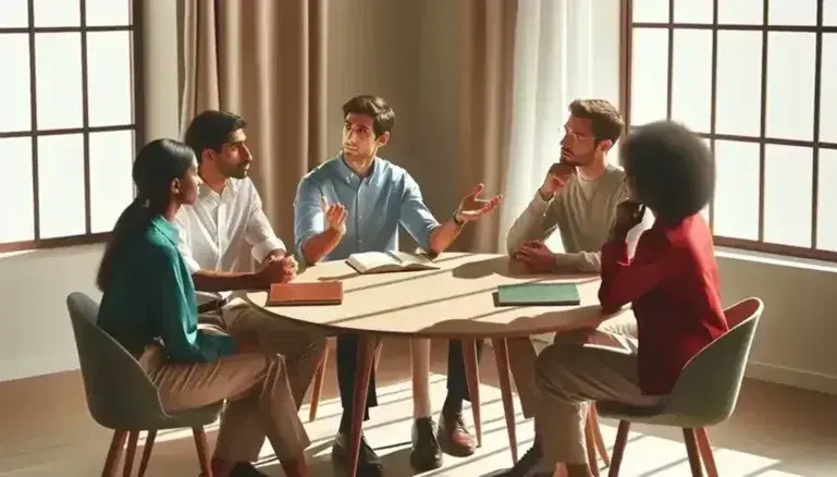 Cuatro profesionales en reunión alrededor de una mesa redonda de madera, con un hombre explicando un punto y los demás atentos.