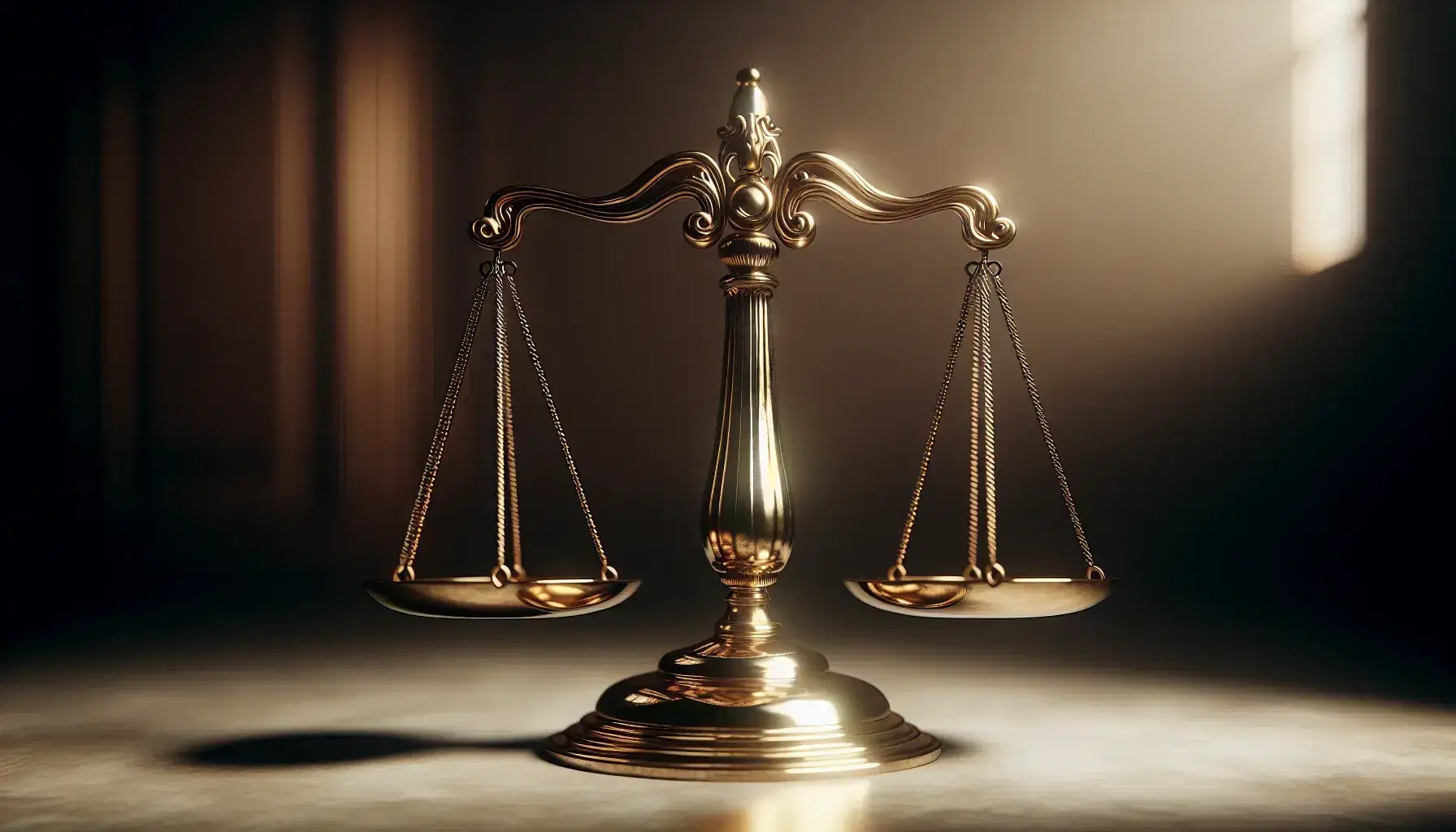 Balanced brass justice scale with empty pans on a stable base, reflecting a warm glow, set against a blurred courtroom or legal library backdrop.