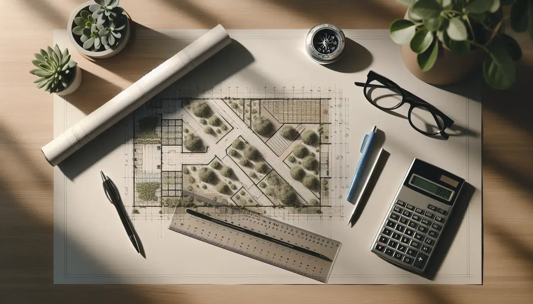 Mesa de madera con planos arquitectónicos, calculadora gris, regla transparente, compás metálico, gafas negras y bolígrafo azul, junto a planta verde.