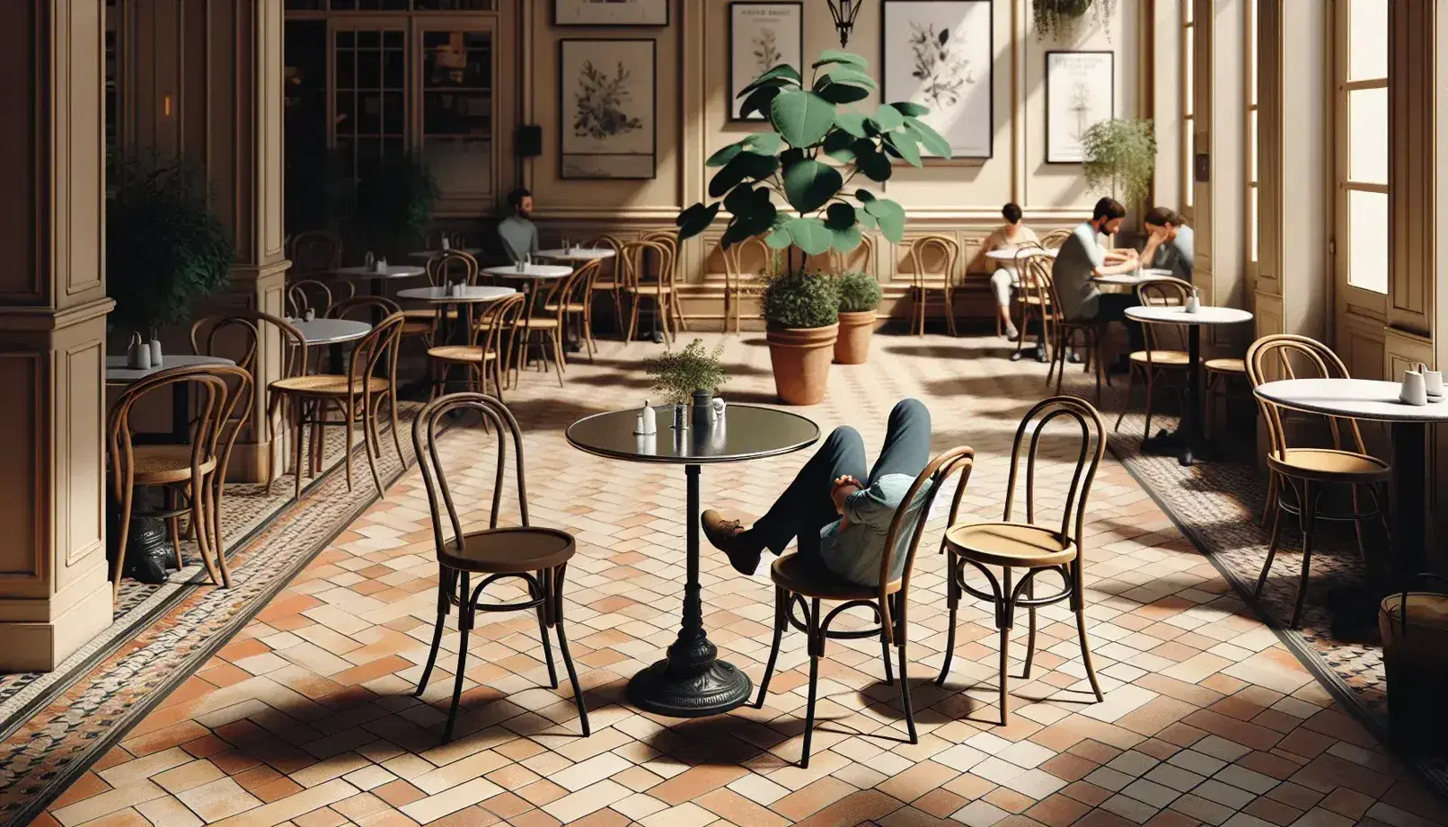 Tranquil French café scene with a person seated at a shiny bistro table, surrounded by wrought-iron chairs and terracotta tiled floor.