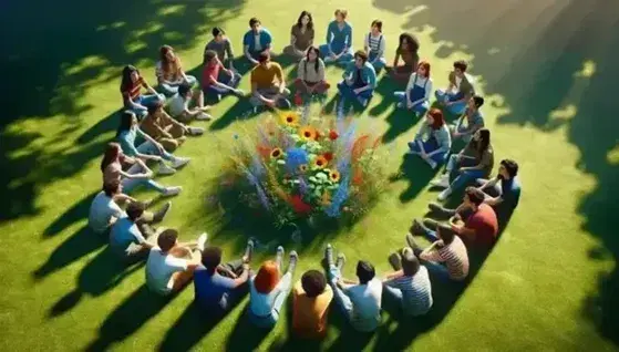 Grupo diverso de jóvenes sentados en círculo sobre césped verde con flores silvestres en el centro, conversando y disfrutando de la naturaleza.