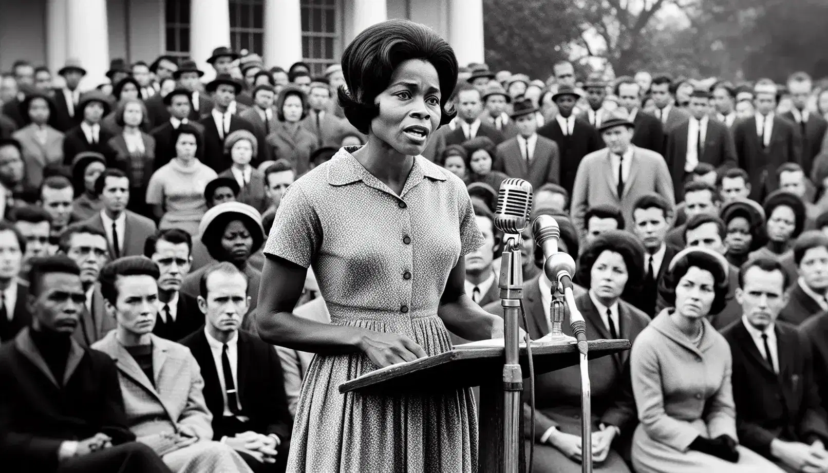 African American woman delivering a speech at a 1960s outdoor event, standing at a podium with a vintage microphone, with an attentive diverse audience.