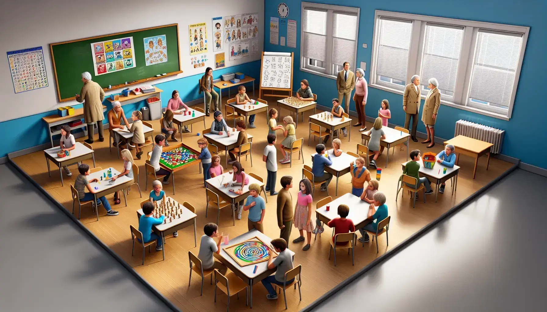 Classroom scene with students of different ages representing Kohlberg's stages of moral development, from cooperative games to interactive discussions and role-play.