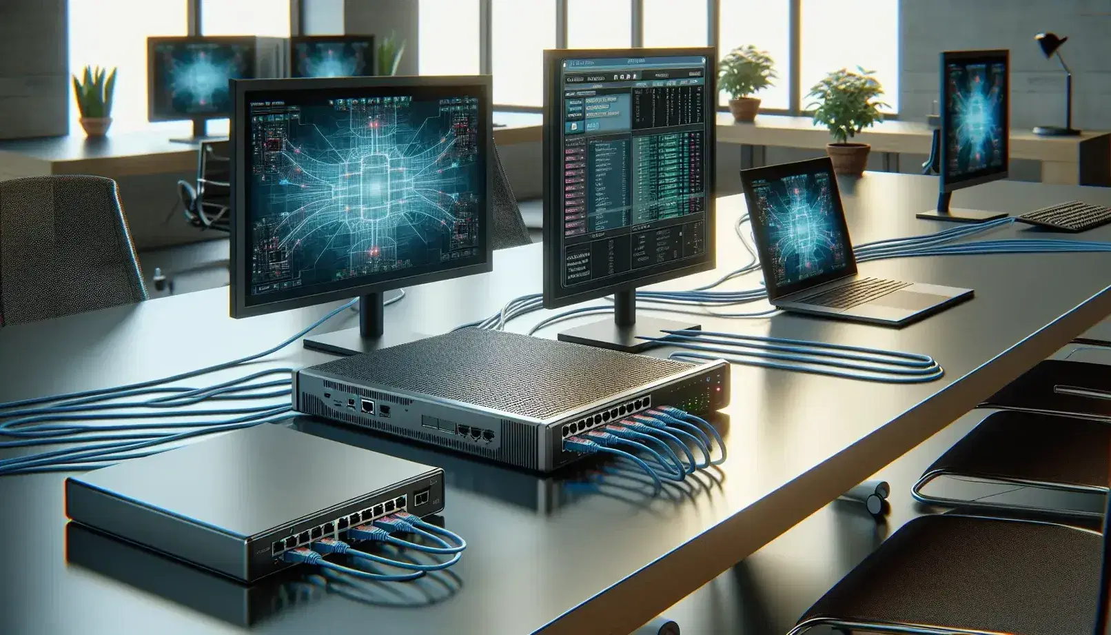 Router nero con LED colorati e cavi Ethernet in ufficio moderno con computer, laptop e piante, illuminazione naturale.
