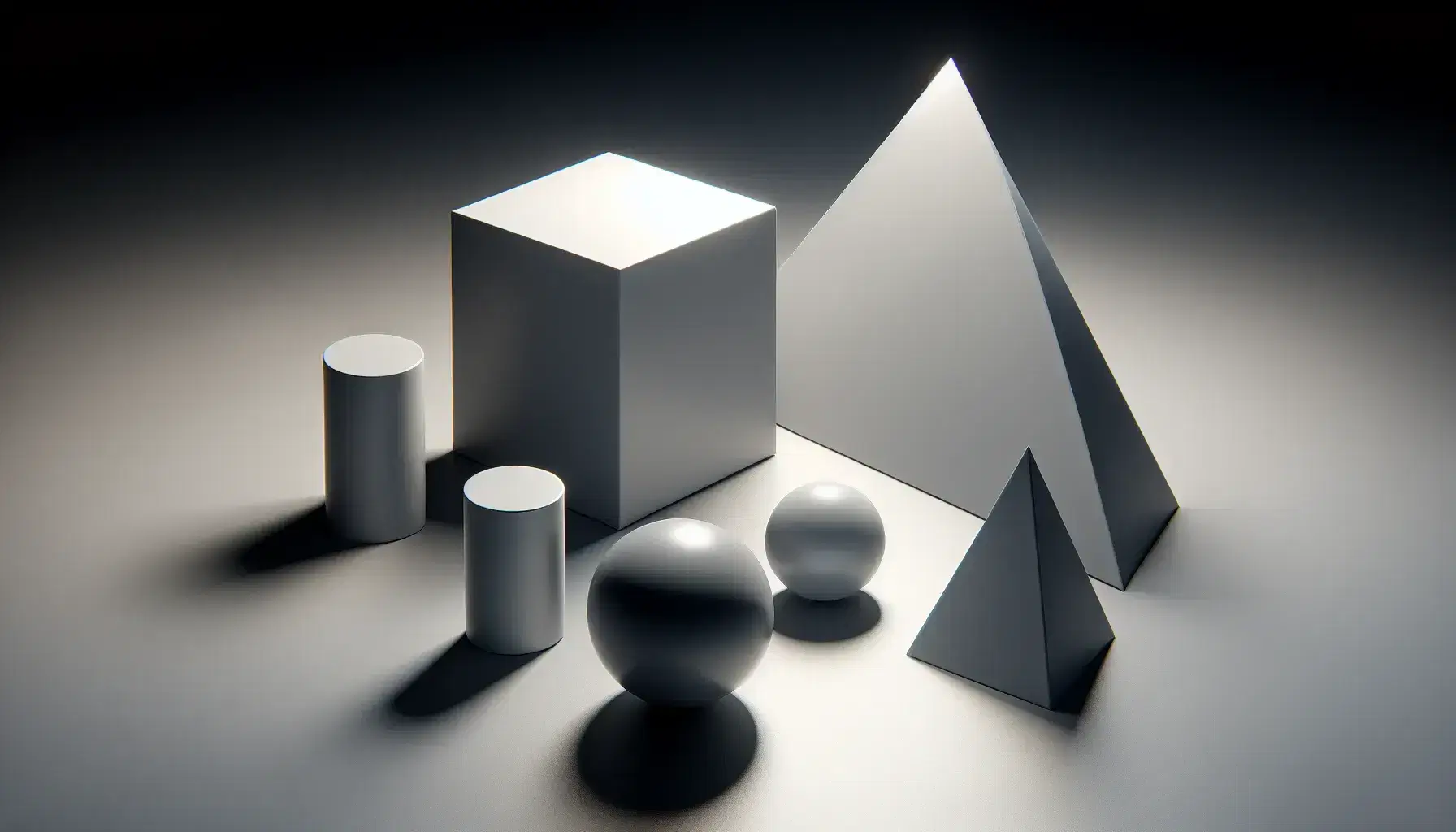 Solidi geometrici in grigio su superficie riflettente con ombre, inclusi sfera, cubo, cilindro, cono e piramide.