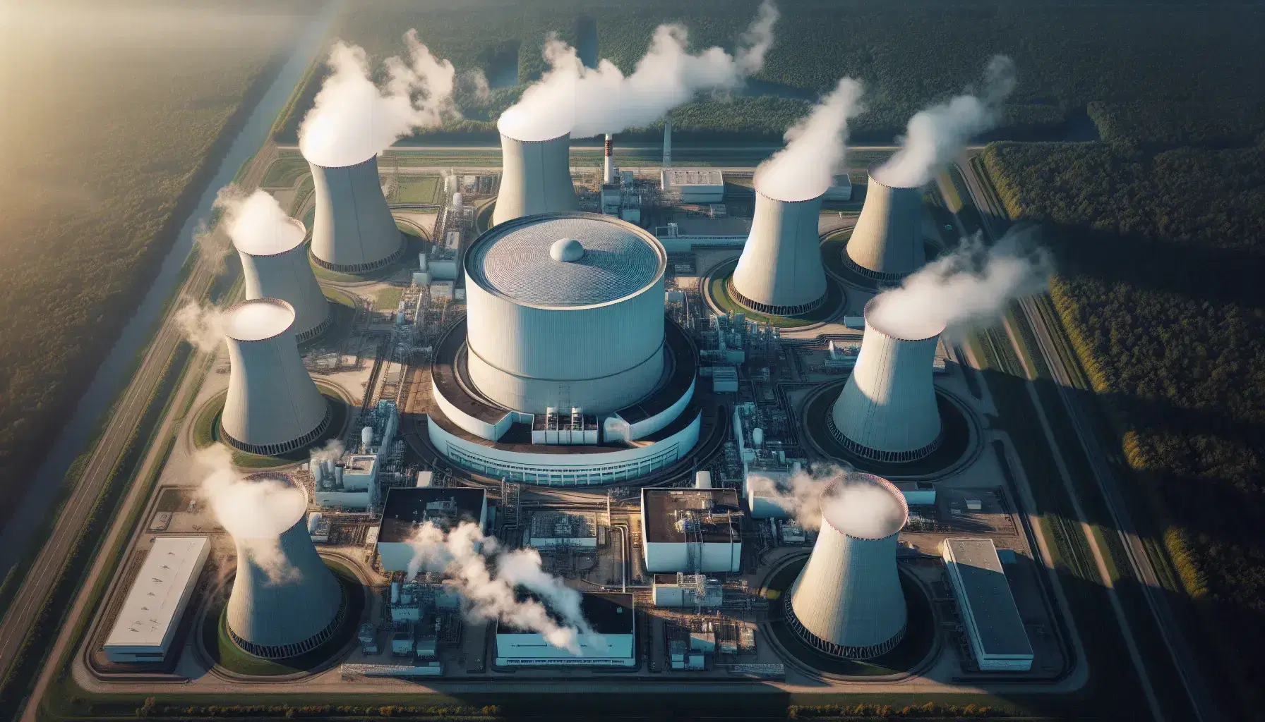 Centrale nucleare vista dall'alto con reattore circolare, torri di raffreddamento con vapore e vegetazione circostante in una giornata soleggiata.