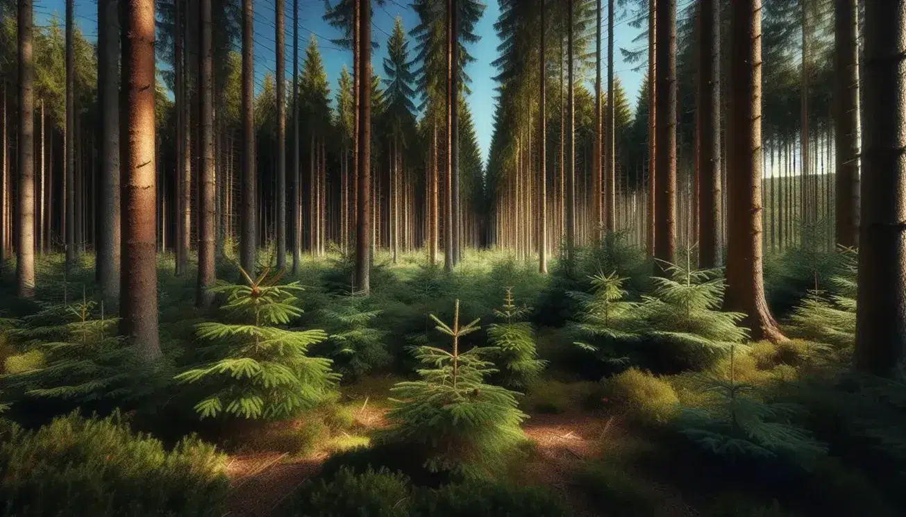 Bosque denso de coníferas con troncos rectos y suelo cubierto de agujas de pino y piñas, bajo un cielo azul claro.