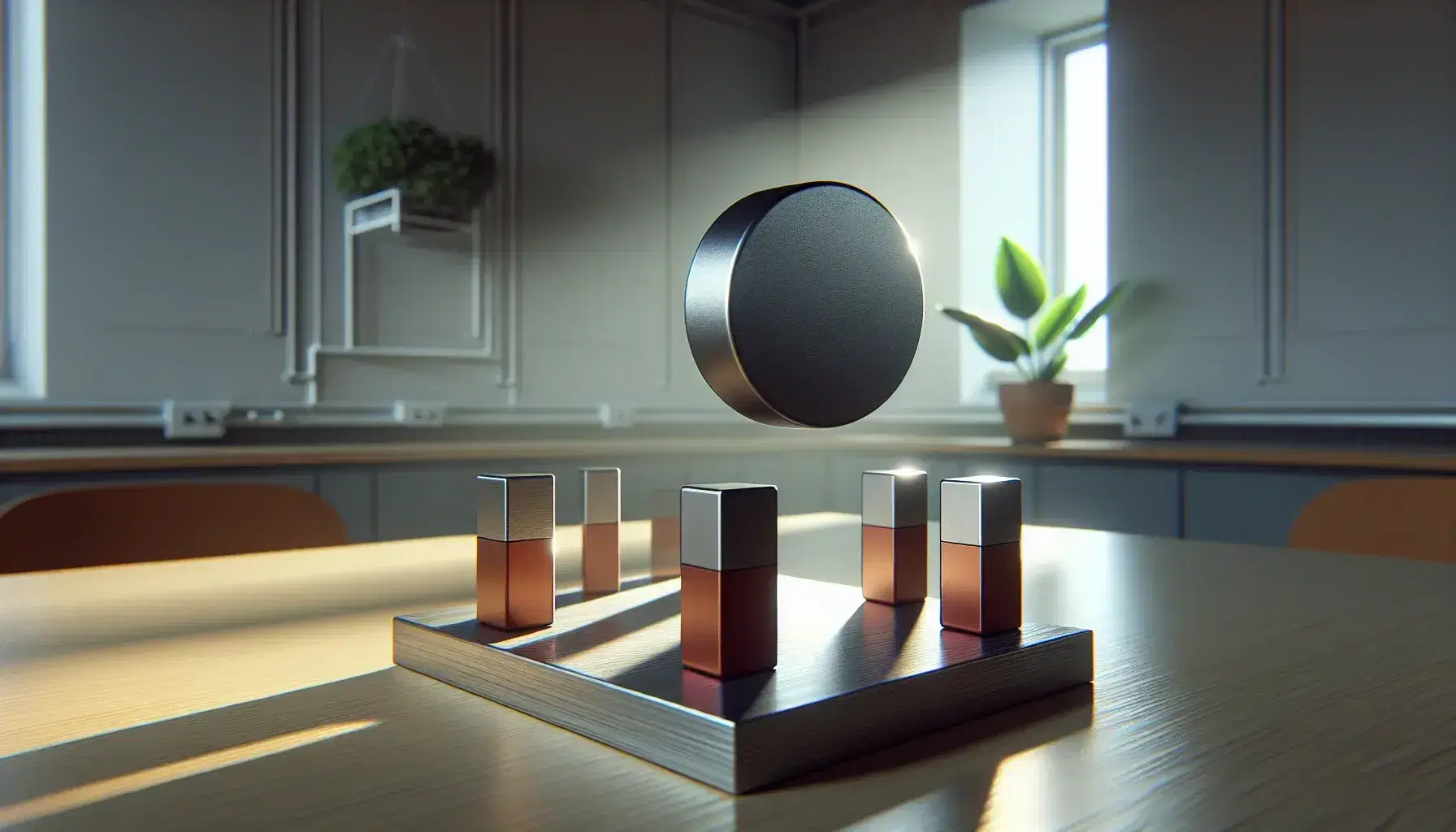 Graphite disk levitating above alternating pole magnets on a wooden table, with blurred potted plants in a laboratory setting.