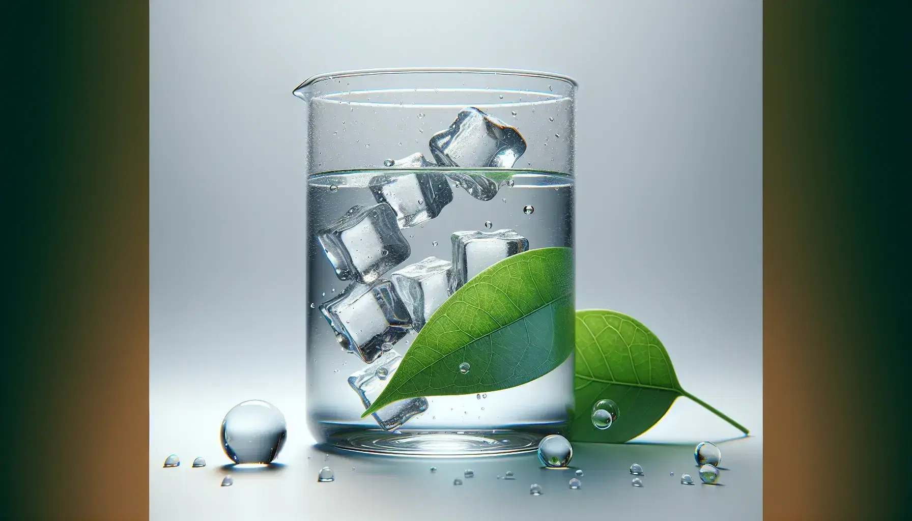 Transparent glass beaker with water and floating ice cubes, green leaf with water drops and spheres representing water molecules on neutral background.