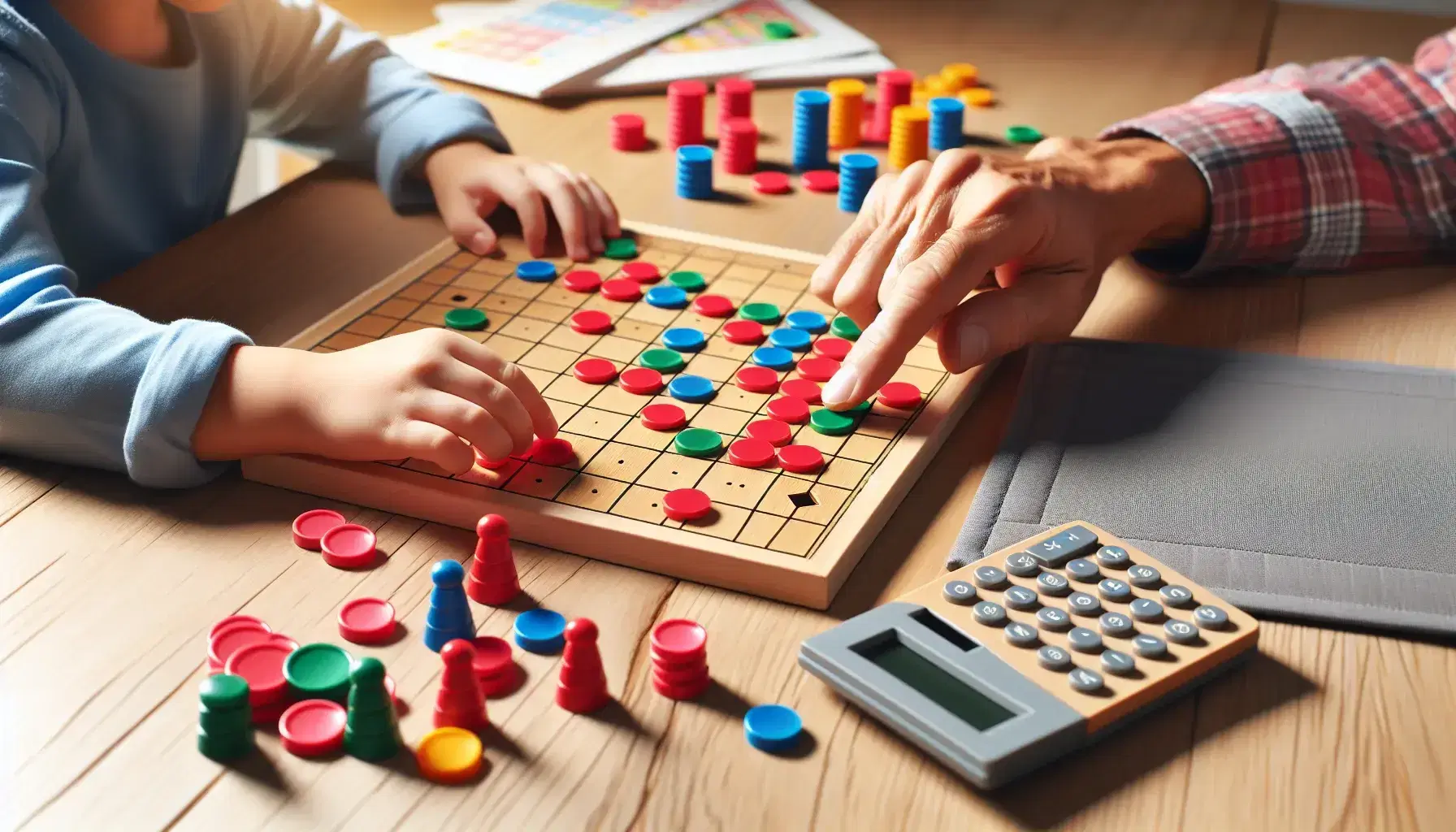 Manos de niño y adulto jugando juego de mesa educativo con fichas de colores y calculadora sobre mesa de madera.