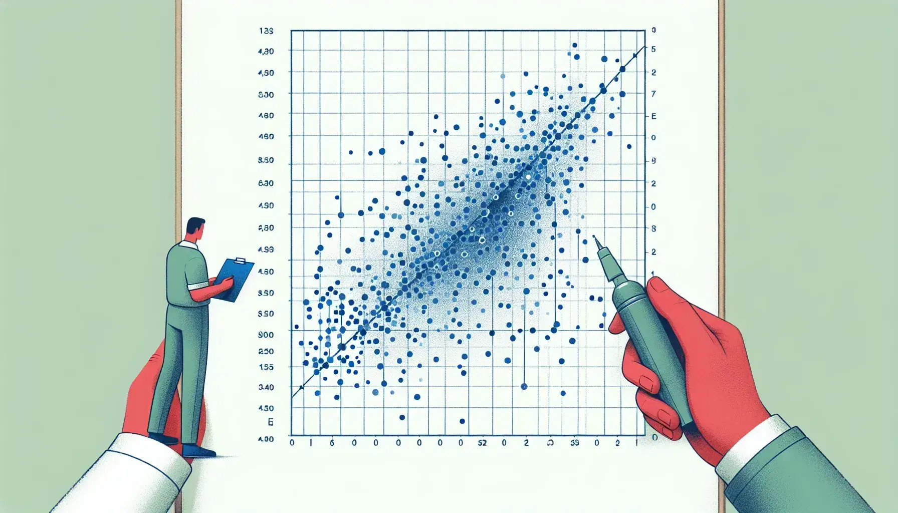 Scatter chart with blue dots indicating a positive trend on a white background, two people analyze the data in the background.
