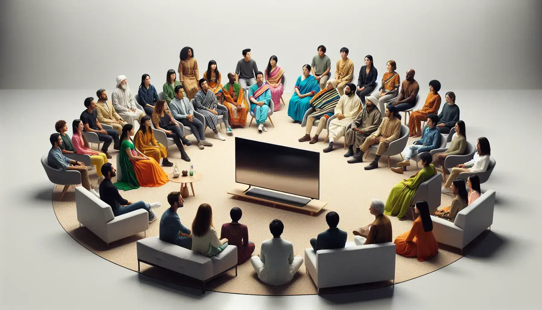 Multi-ethnic group in a circle actively discussing, wearing traditional and Western clothing, in front of a turned off TV in a bright and welcoming environment.