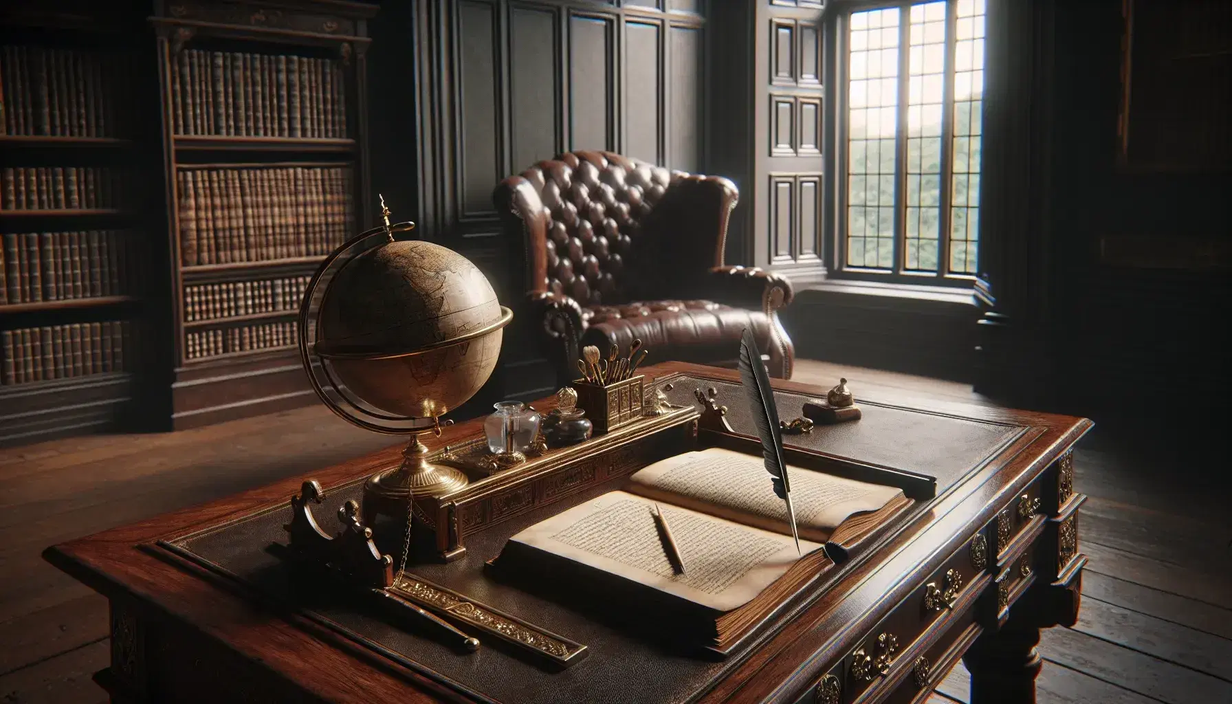 17th-century study with oak desk, leather-bound book, feather quill, silver inkwell, leather armchair, globe, and bookshelves.