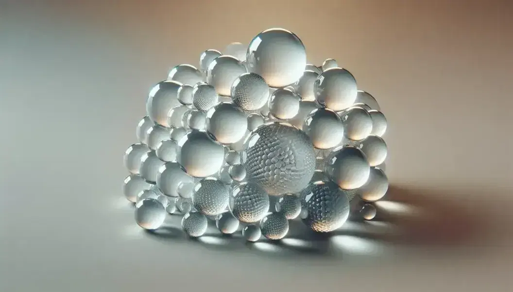 Esferas de vidrio transparentes de distintos tamaños entrelazadas, reflejando luz y proyectando patrones luminosos sobre fondo neutro.