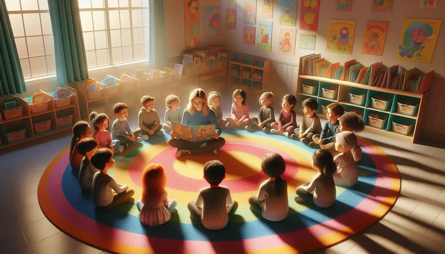 Niños atentos escuchando a educador leer un libro ilustrado en una alfombra colorida, con estantes de juguetes y libros al fondo.