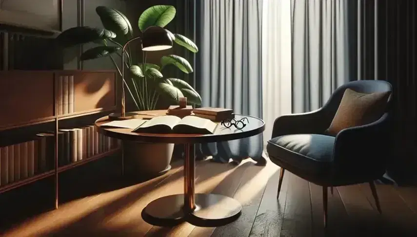 Cozy study room with a polished round table, open books, reading glasses, a blue armchair, a green potted plant, and light beige curtains diffusing sunlight.