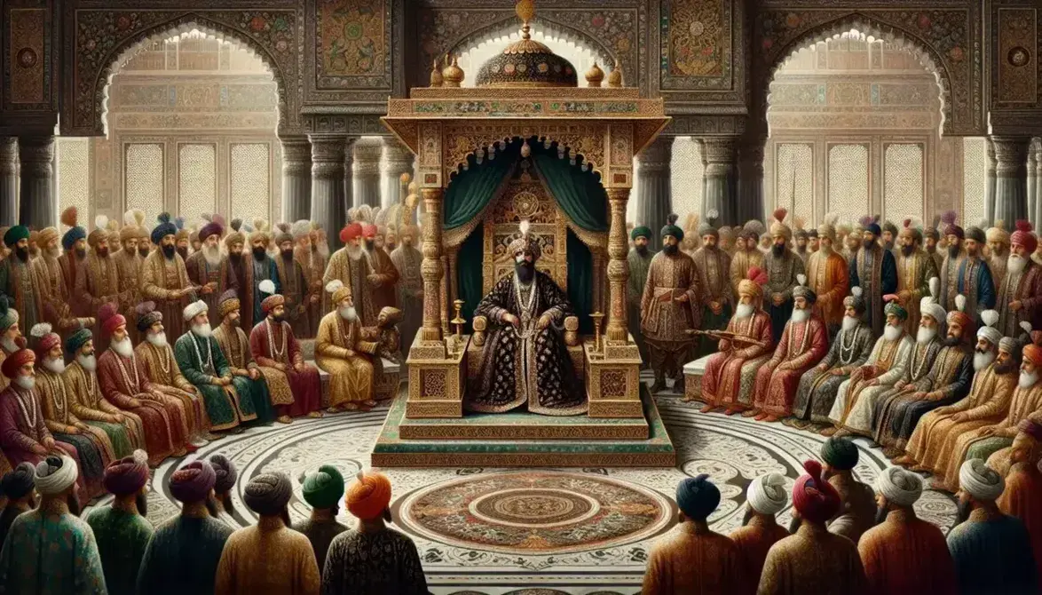 Mughal emperor on golden throne holding court with diverse ambassadors and nobles in opulent hall with marble inlays and guards at the ready.