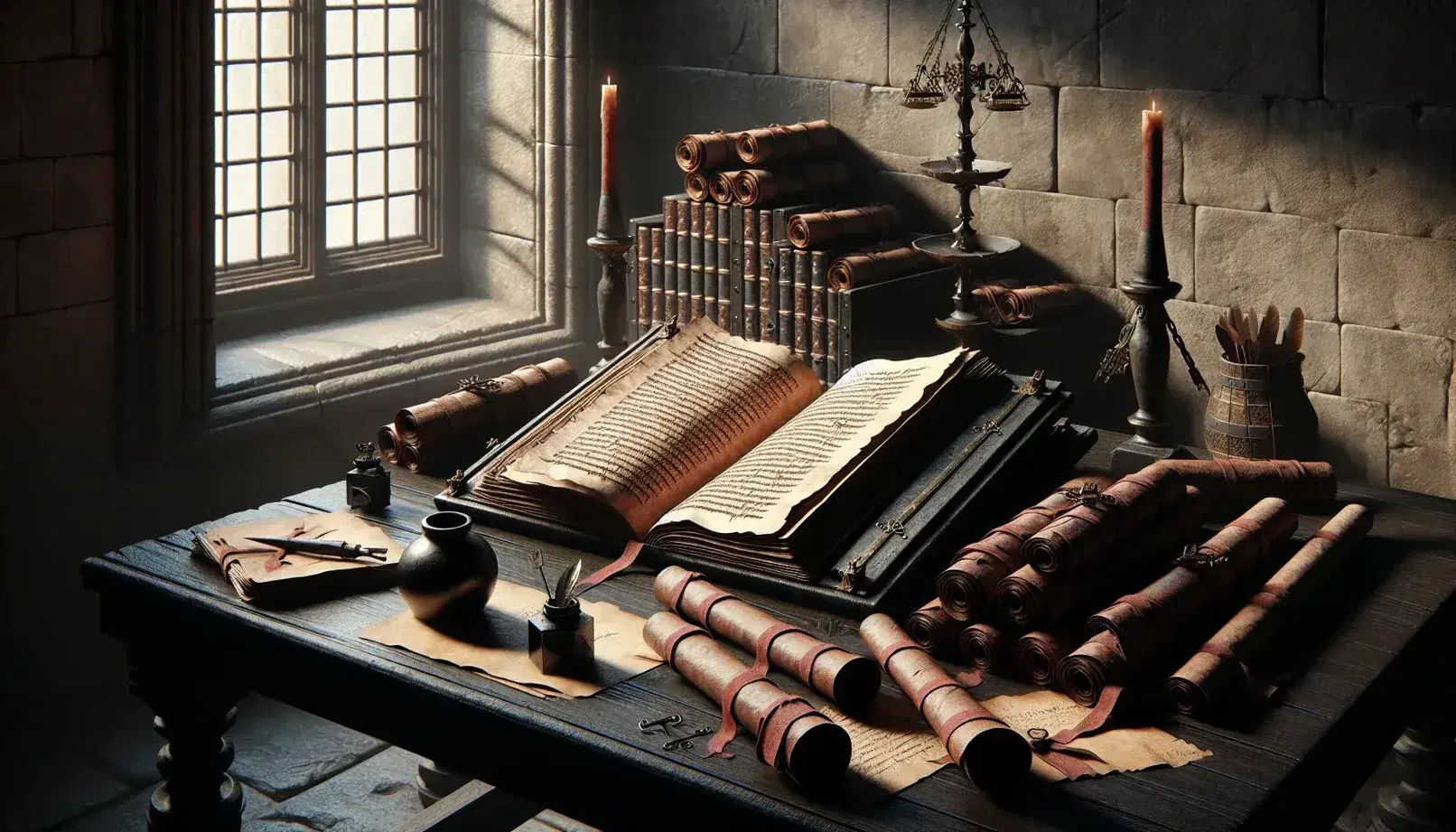 Escritorio medieval con libro antiguo en atril de madera, tintero, plumilla y pergaminos atados, balanza de dos platos y silla tallada, bajo luz natural de ventana.