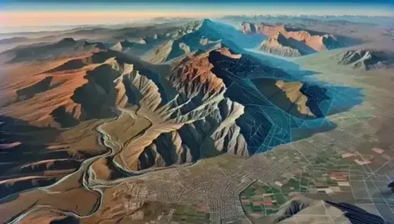 Vista aérea de paisaje montañoso en España con divisiones administrativas imaginarias, edificaciones de techos rojizos y escudo tridimensional en esquina inferior derecha.