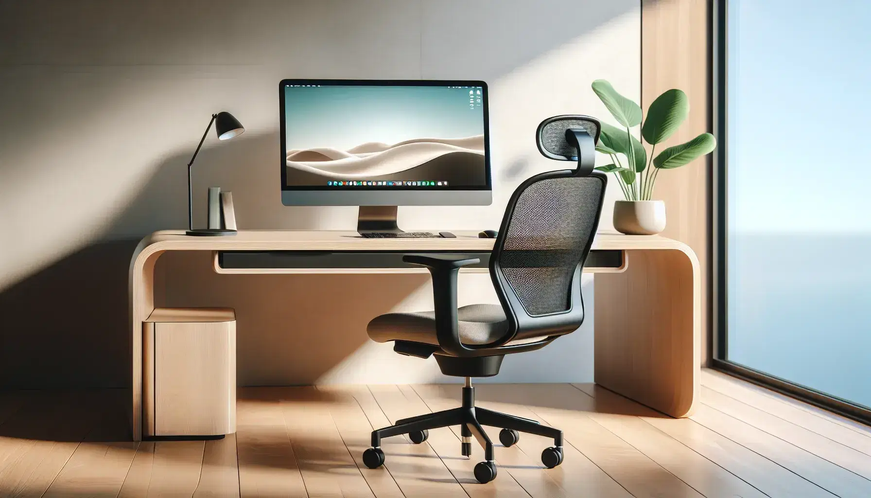 Modern ergonomic office with black adjustable chair, light wooden desk, computer, wireless mouse and green plant, near bright window.