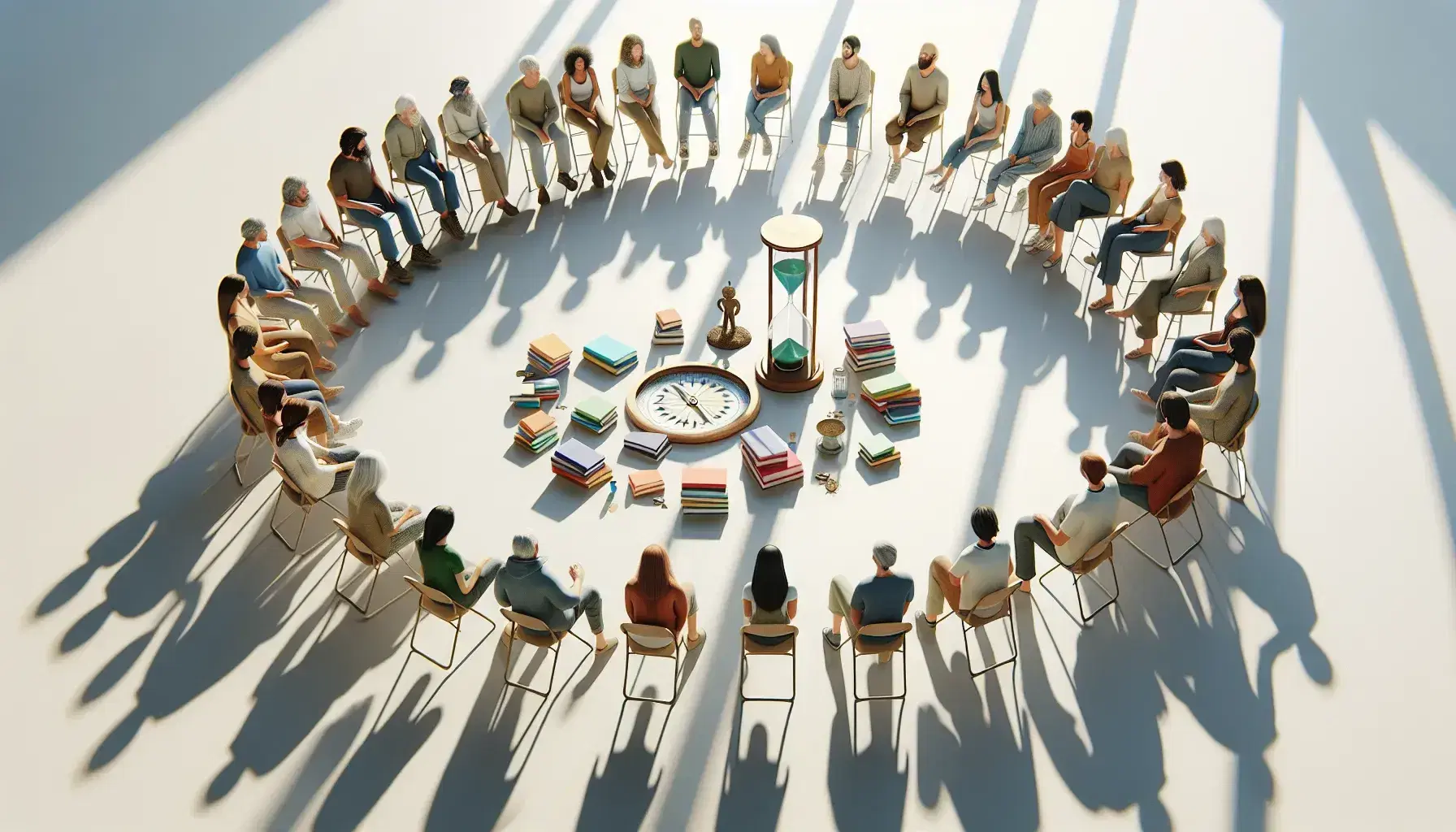 Grupo diverso en círculo dialogando en espacio iluminado con objetos como brújula, reloj de arena y escultura, simbolizando aprendizaje colaborativo.