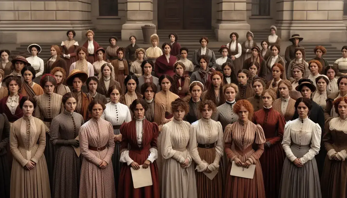 Gruppo di donne in abiti d'epoca che manifestano con cartelli vuoti davanti a edificio storico, esprimendo solidarietà e determinazione.