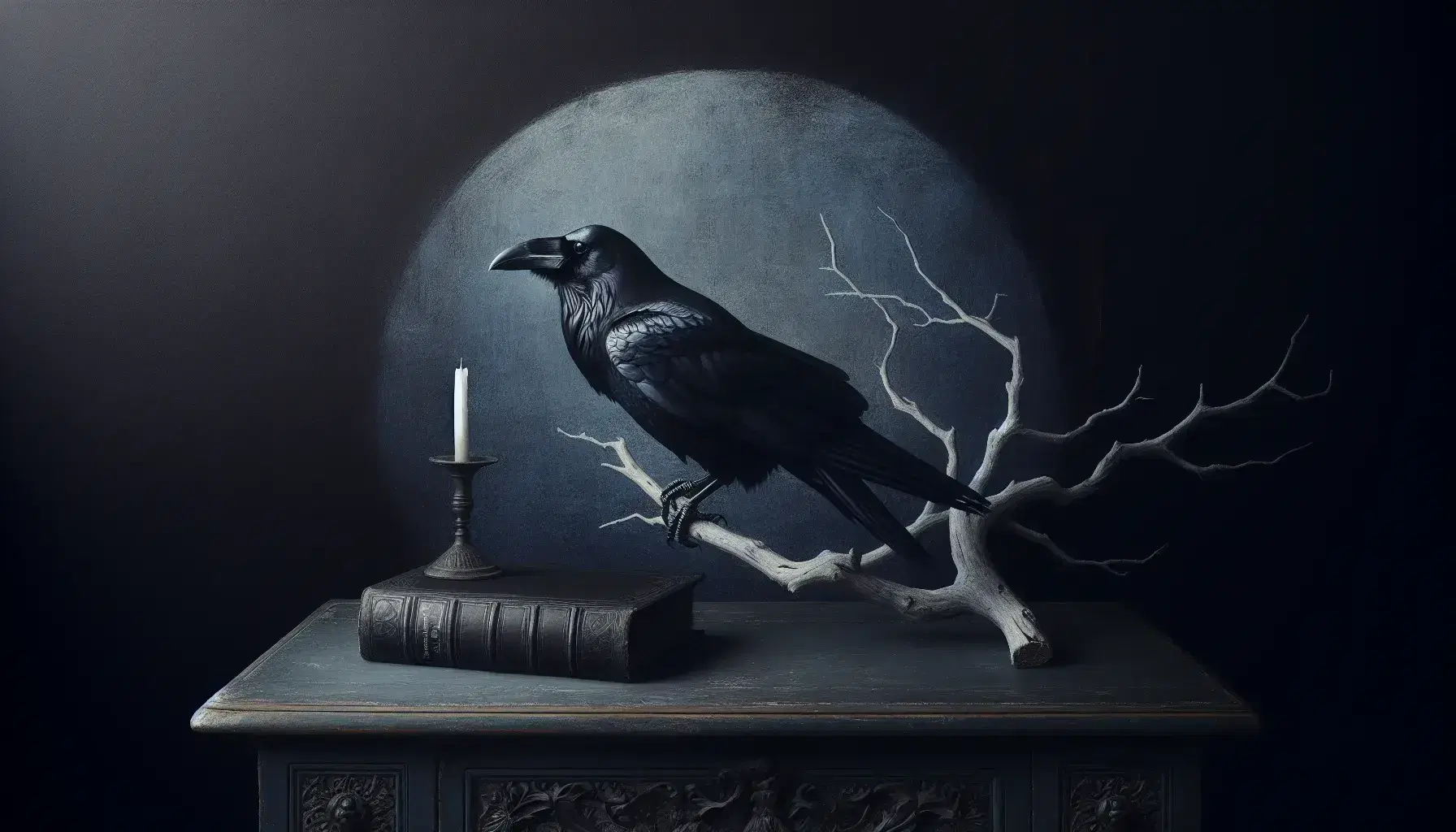 Glossy black raven perched on a gnarled branch against a gradient night sky, with an ornate desk featuring an unlit candle and a leather-bound book below.
