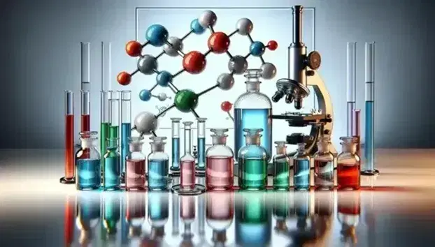 Frascos de vidrio con líquidos de colores y tapas variadas sobre superficie reflectante, junto a un microscopio y modelo molecular tridimensional.