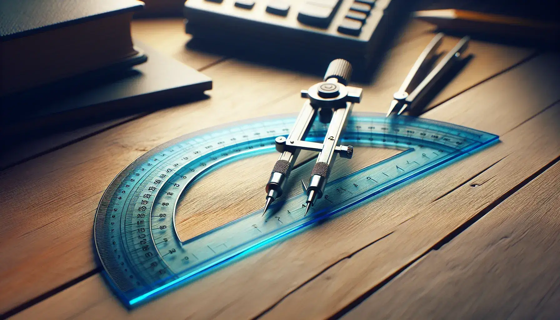 Close-up view of a transparent blue protractor and metallic compass on a wooden desk, with soft shadows indicating a light source to the left.