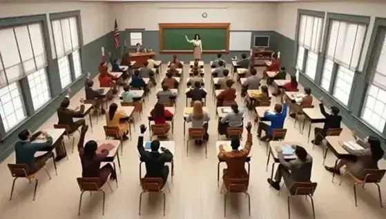 Multi-ethnic classroom with students of various ages and backgrounds raising their hands to participate in the discussion, teacher in the center near the blackboard.