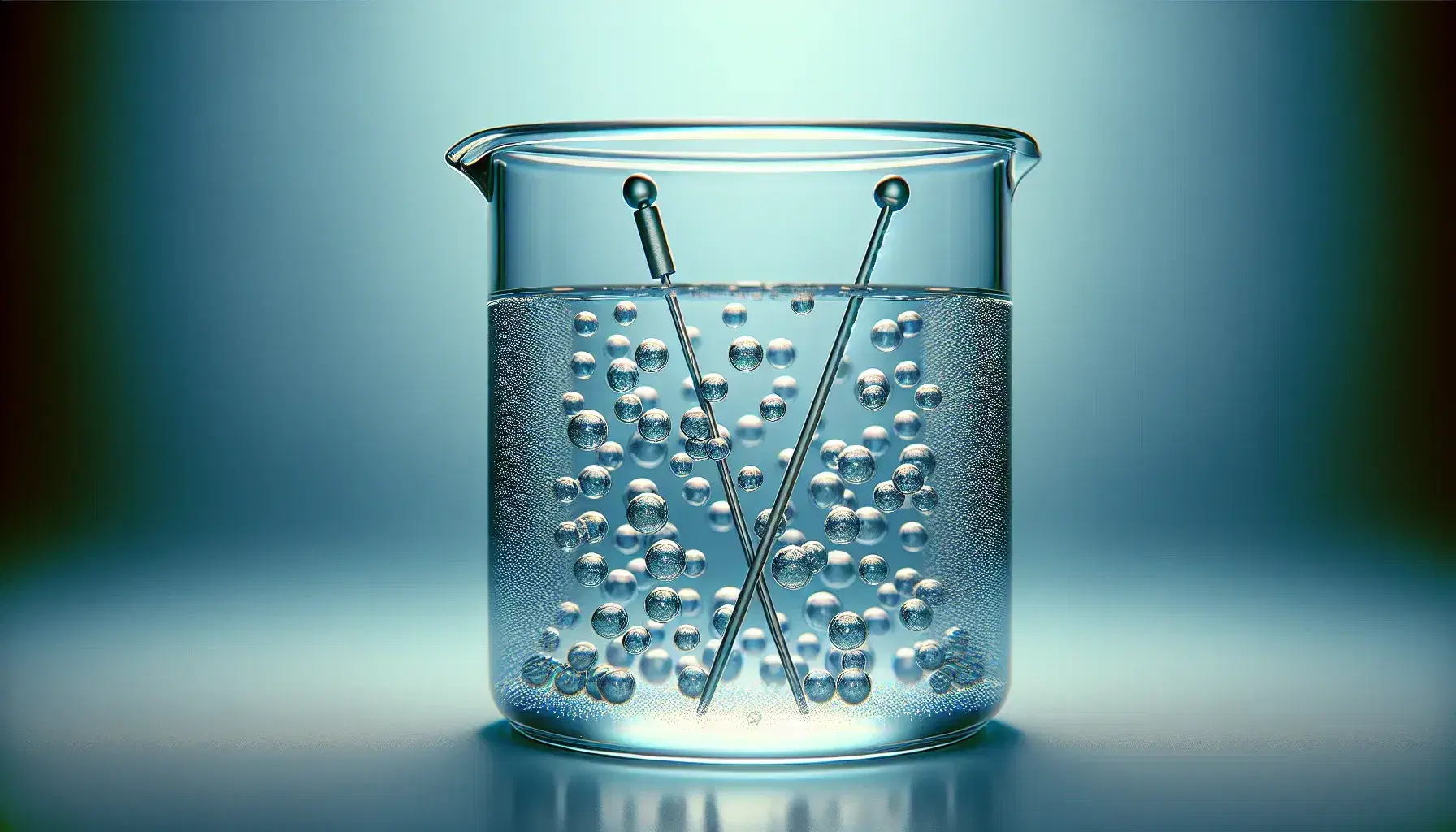 Glass beakers with colorless liquid and bluish translucent spheres in suspension, immersed electrodes create visible electric field.