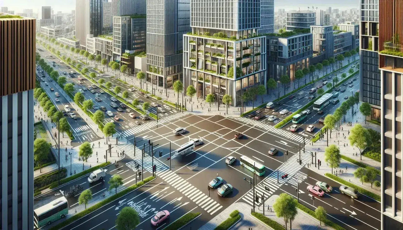 Vista aérea de concurrida intersección urbana con vehículos y peatones, rodeada de edificios y un parque, bajo un cielo despejado.