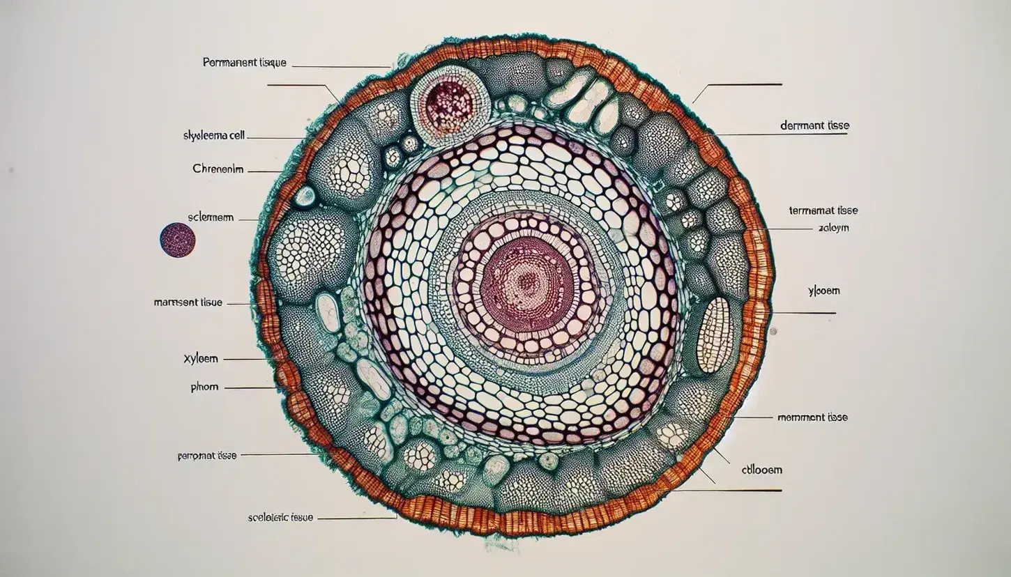 Corte transversal microscópico de tallo de planta mostrando tejido vascular con xilema y floema, células de esclerénquima y tejido permanente.