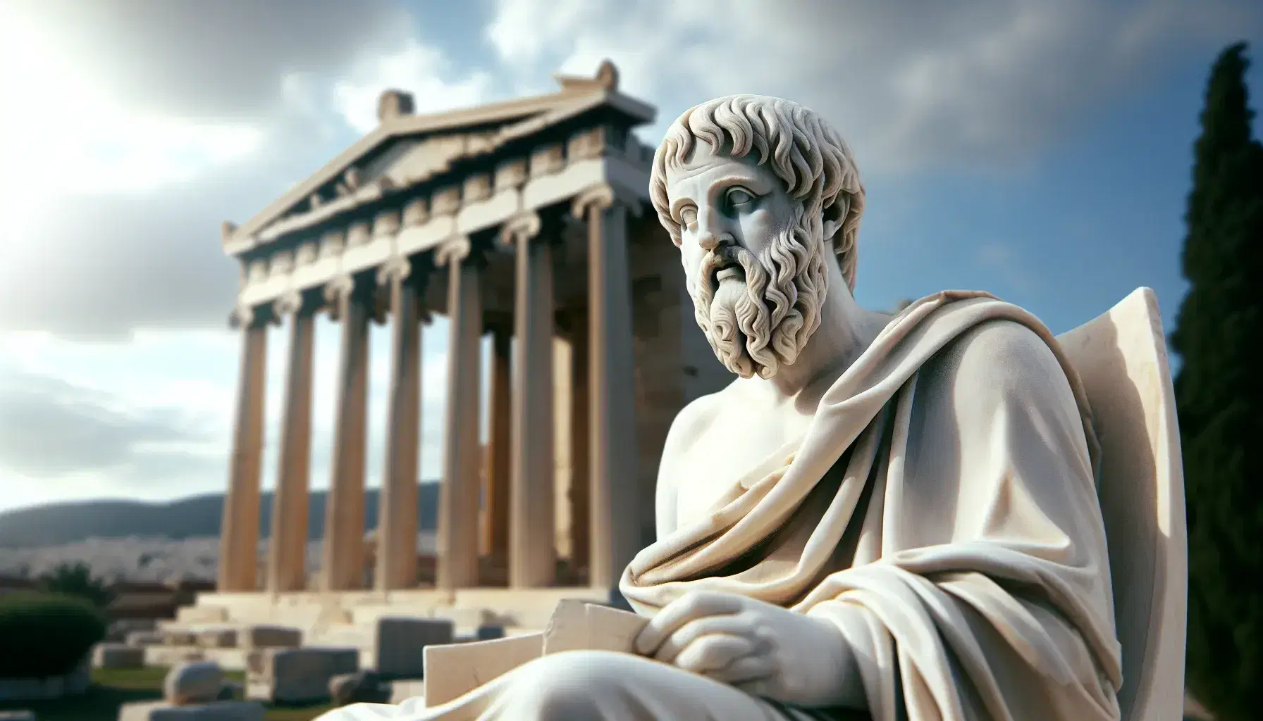 Estatua de mármol blanco de Platón sosteniendo un pergamino, con columnas dóricas antiguas desenfocadas y cielo azul de fondo.