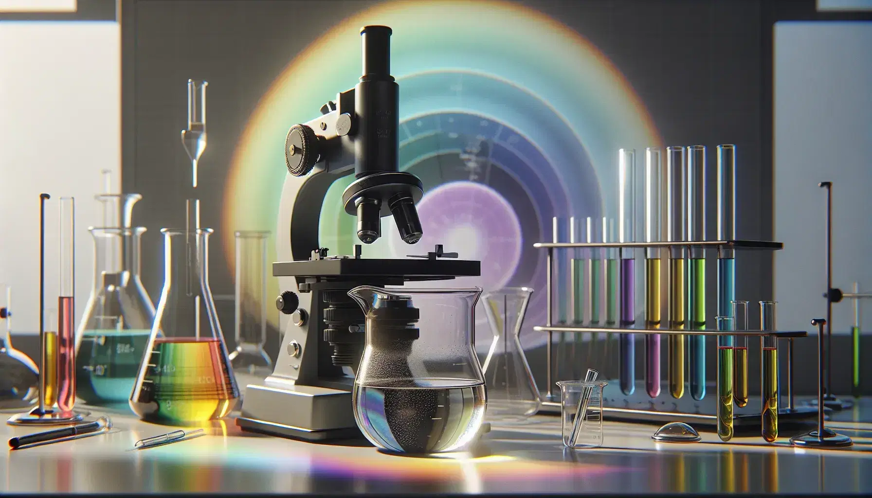 Laboratory scene with a beaker of clear liquid, a microscope, a flask with greenish-blue solution, and a visible light spectrum from violet to red.