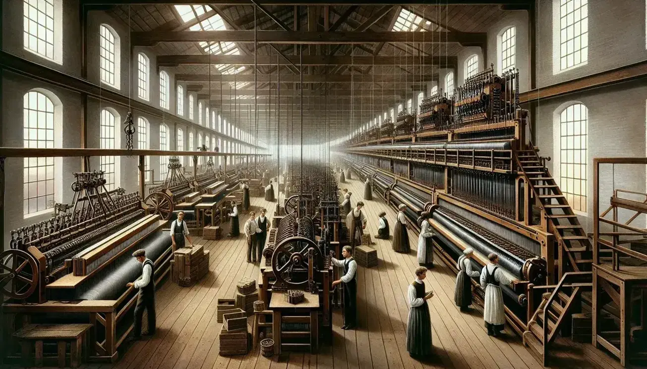 Escena de fábrica textil de la Revolución Industrial con trabajadores operando telares mecánicos, iluminada por luz natural y con rueda hidráulica al fondo.