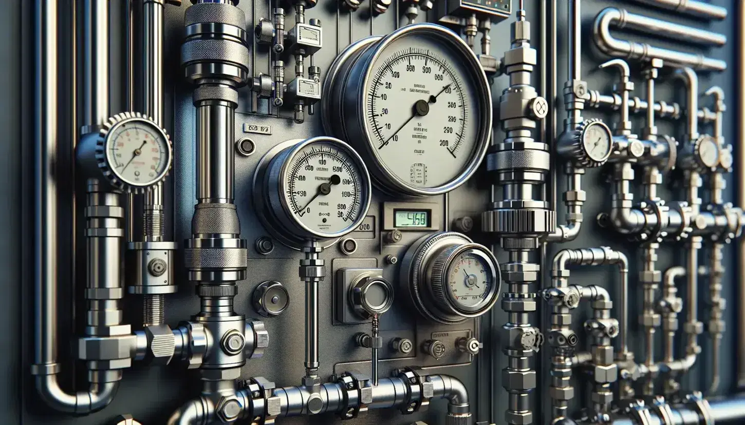 Panel de control industrial con manómetro y termómetro bimetálico sin marcas legibles, tuberías metálicas con válvulas y sensor de nivel radar al fondo.
