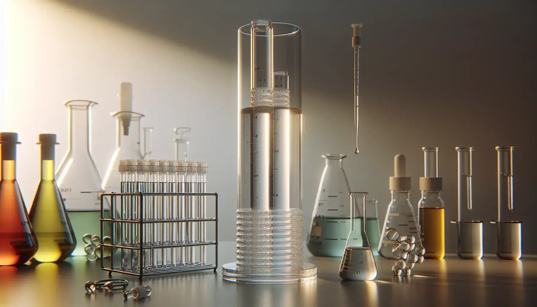 Glass chromatography column with white stationary phase and pale yellow liquid on top, colored avenues on the left and beakers on the right.