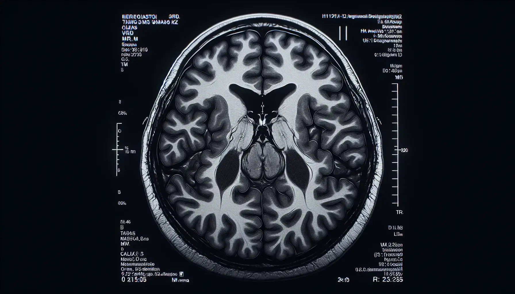 Escaneo de resonancia magnética del cerebro humano mostrando sección transversal con diferencias de tejido y cavidades ventriculares, sin texto ni símbolos.