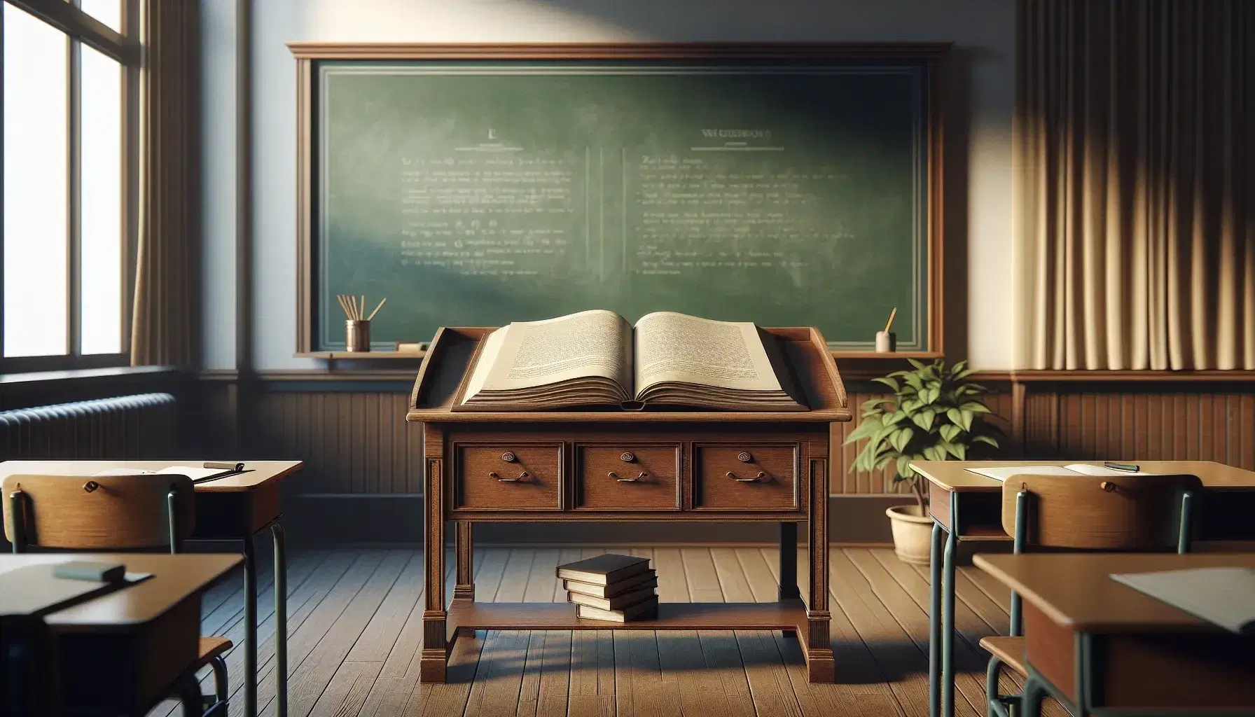 Traditional classroom with a wooden teacher's desk, open book, clean chalkboard, student desk with notebook and pencil, and a potted plant by the window.