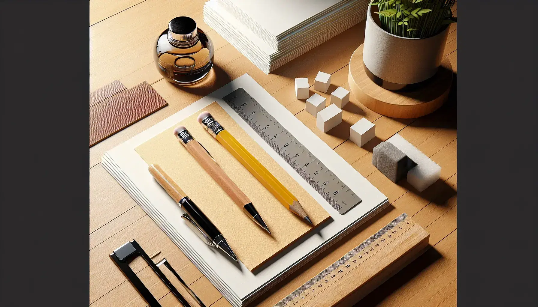 Escritorio de madera claro con papeles, lápiz amarillo, regla transparente, tintero con pluma estilográfica y borrador blanco, junto a planta en maceta terracota.