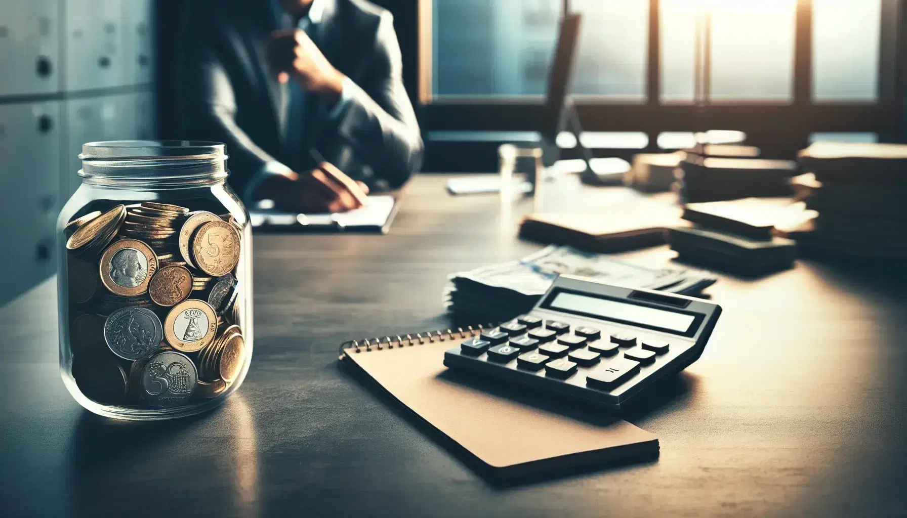 Organized office with a desk featuring a calculator, a jar of mixed coins, and a stack of paper currency, with two professionals engaged in work in the background.