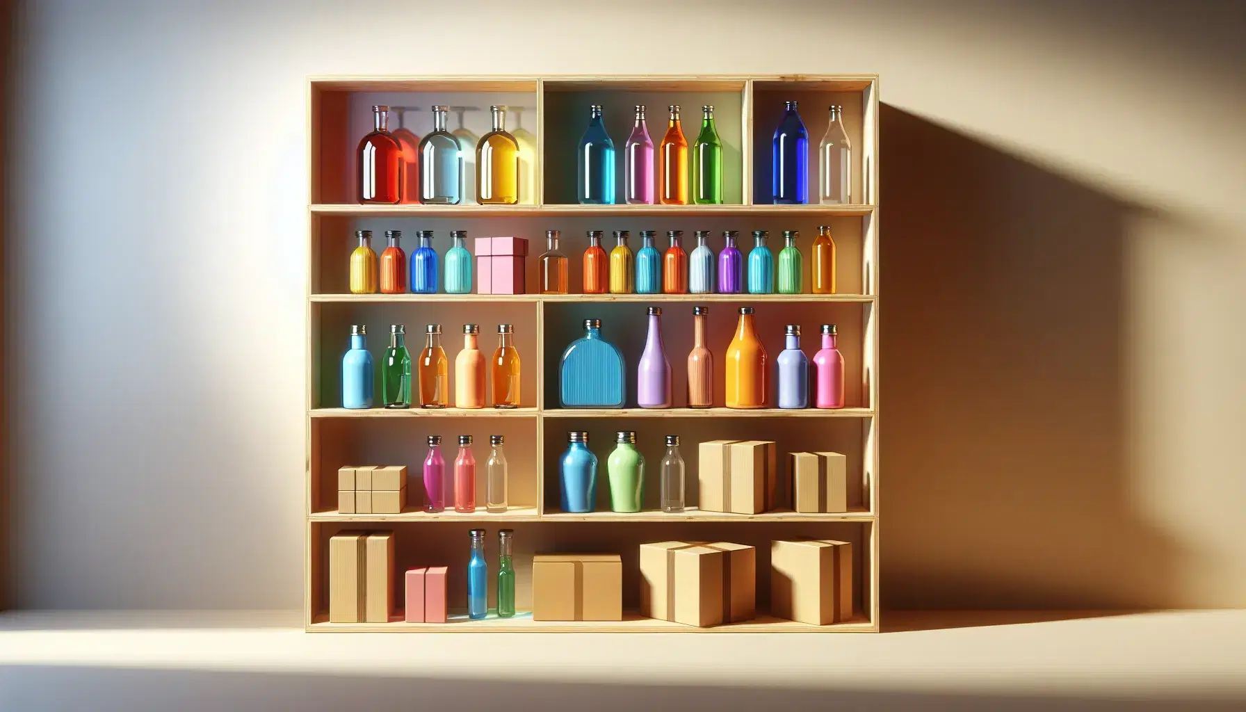 Estante de madera con productos variados en colores vivos, incluyendo botellas de líquidos, cajas y contenedores con tapas de colores, organizados meticulosamente.