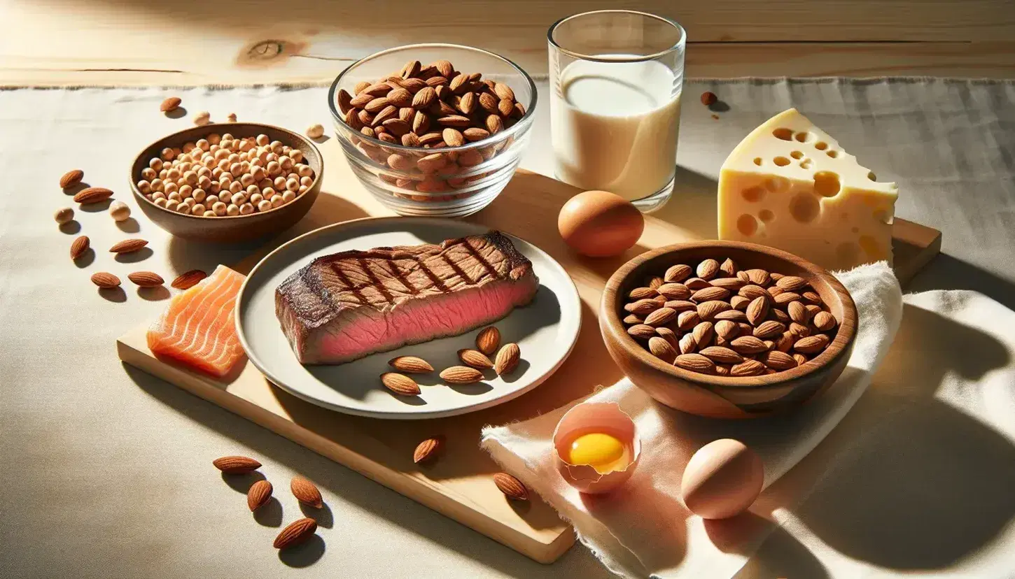 Variedad de alimentos ricos en proteínas incluyendo un filete de carne, almendras, garbanzos, huevo cocido, filete de salmón, leche y queso sobre superficie de madera.