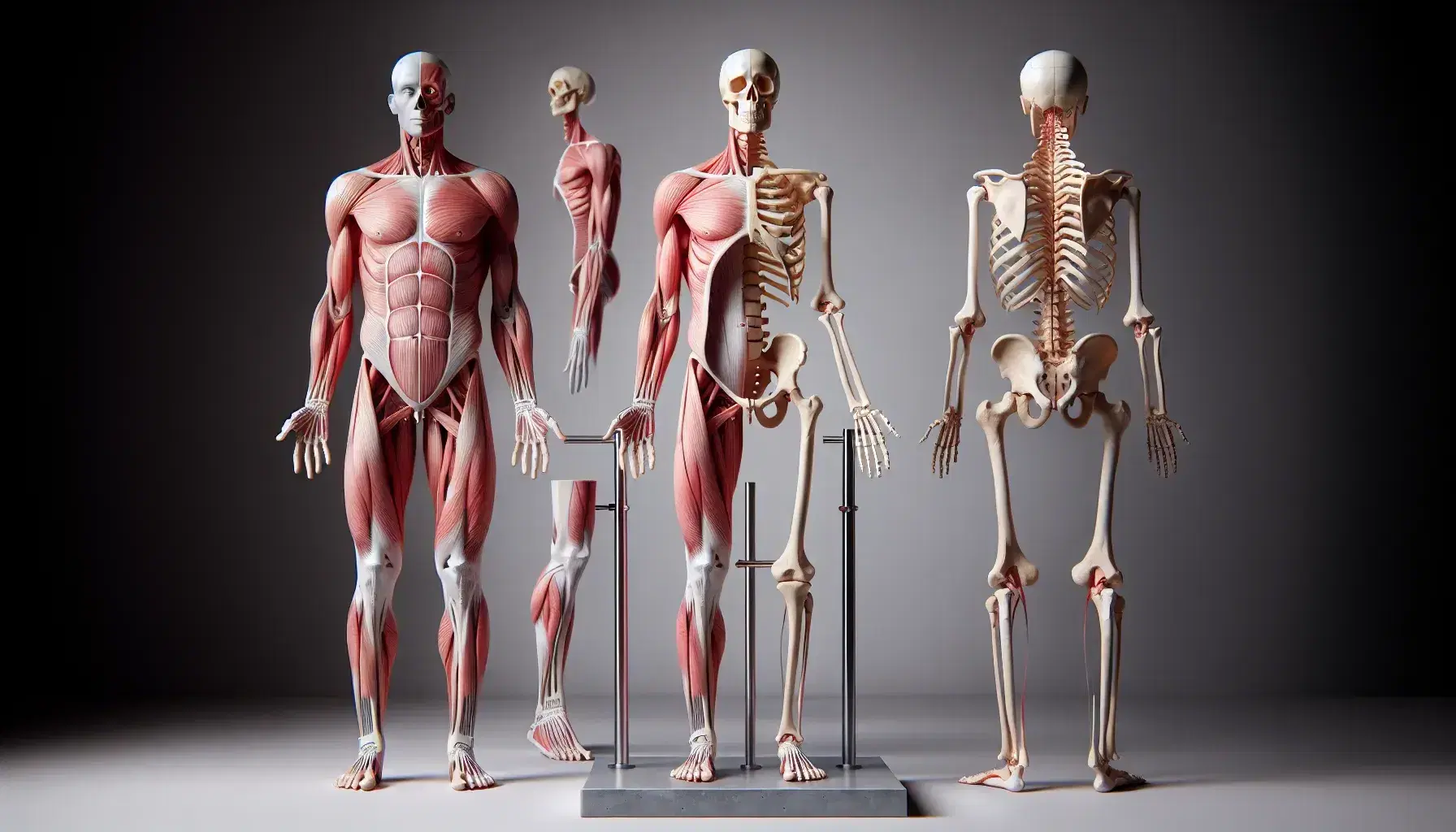 Esqueleto humano completo en posición de pie junto a figura muscular sin ropa, mostrando detalladamente la anatomía ósea y muscular en fondo neutro.