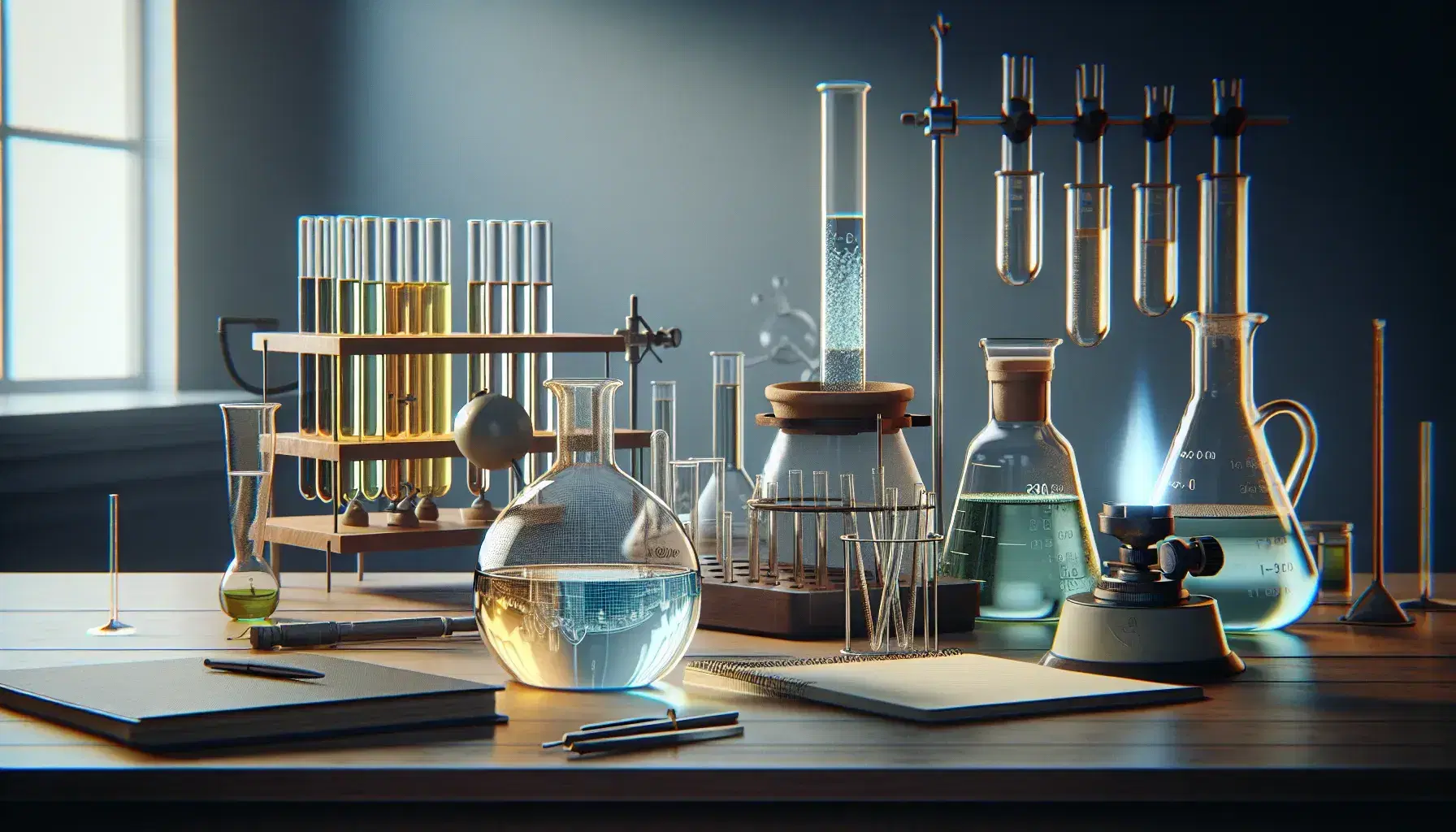 Laboratory with beaker containing transparent blue liquid, colored test tubes, crucible on tripod with flame, and glass instruments.