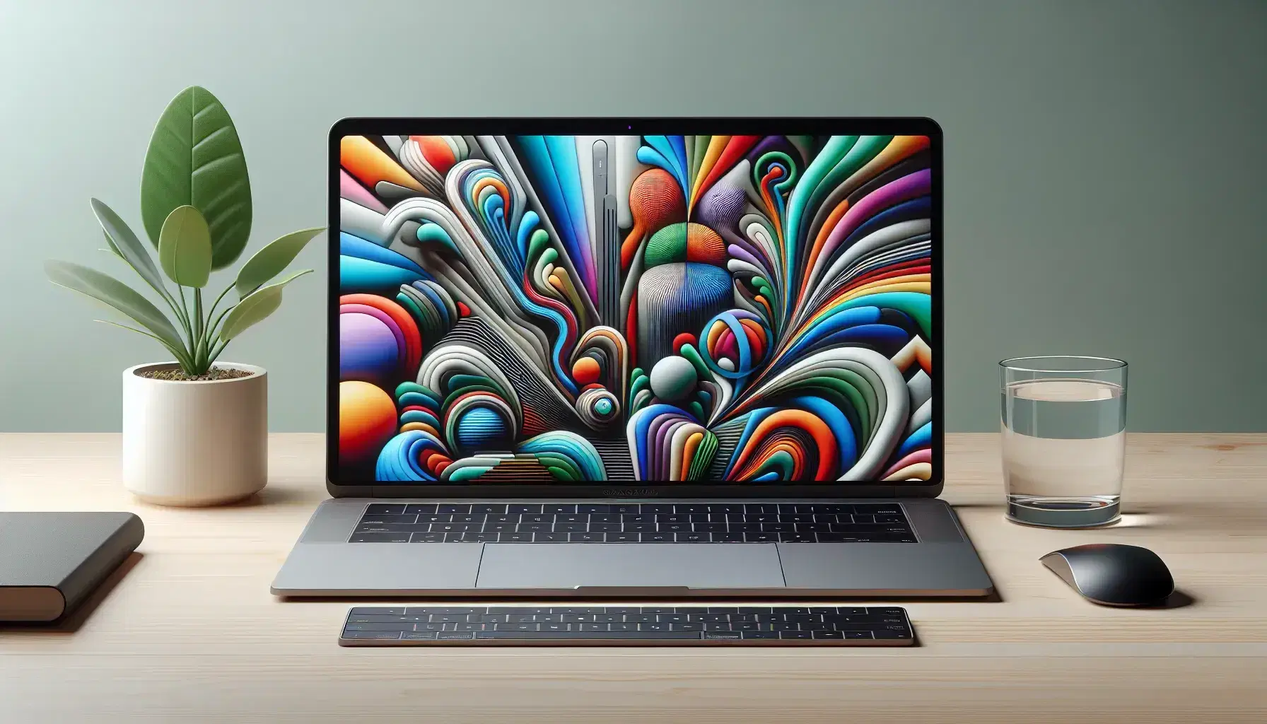 Modern silver laptop open on light wooden desk, screen with colorful geometric patterns, black wireless keyboard and green plant.