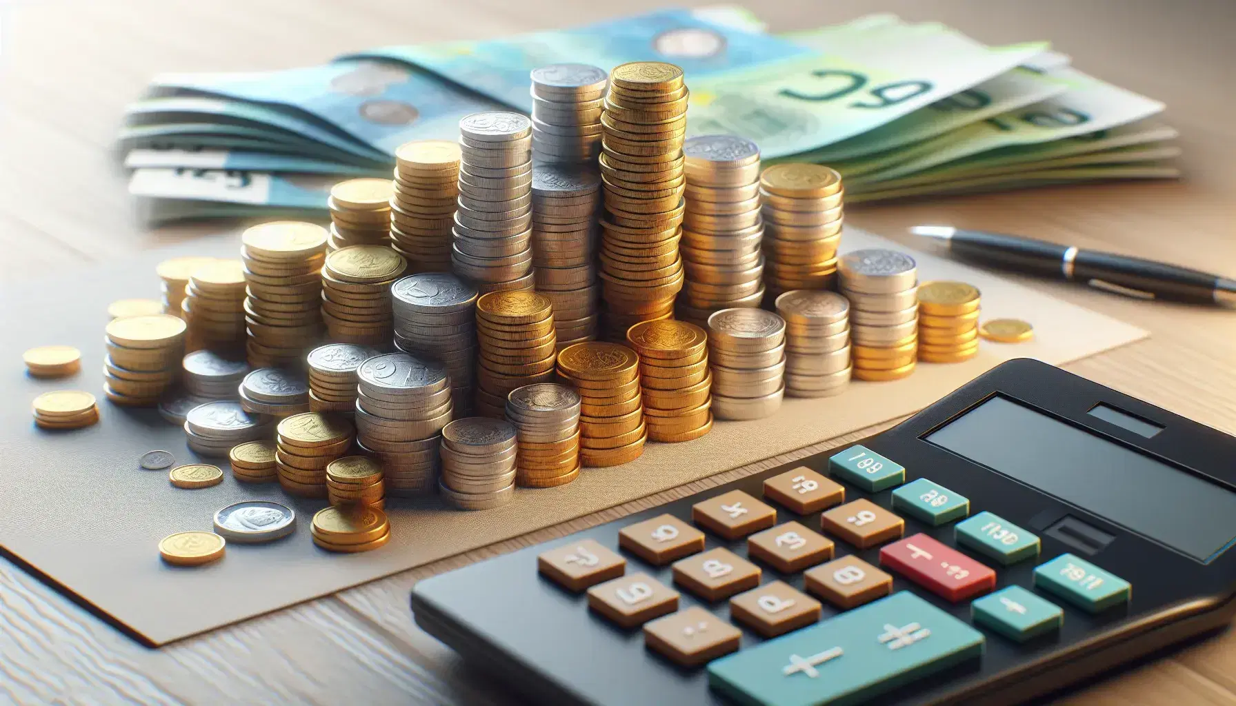 Monedas de distintos tamaños y colores apiladas en torres sobre una mesa de madera con un calculador apagado y billetes doblados al fondo.