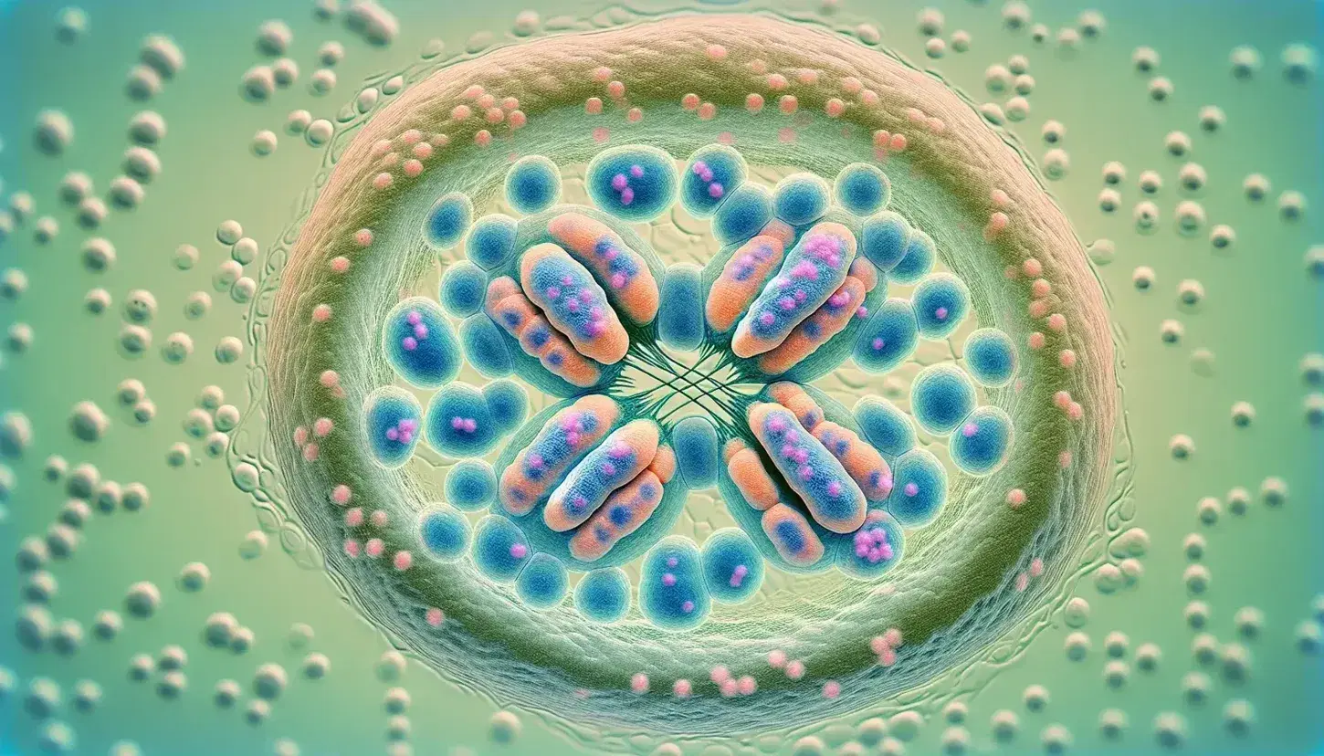 Vista microscópica de células en división con núcleo bipartido y cromosomas alineados en forma de 'X', rodeadas de células en distintas fases de mitosis sobre fondo verde pálido.